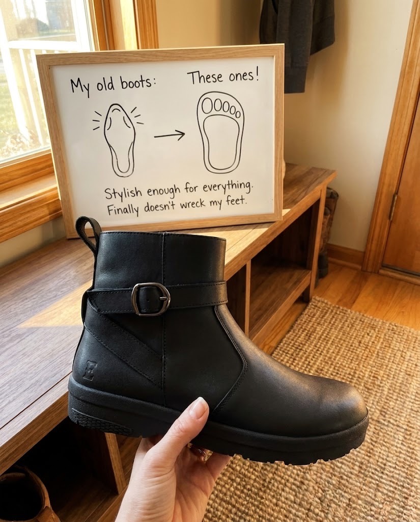 Ellara boot held up next to a sign comparing narrow vs wide toe box